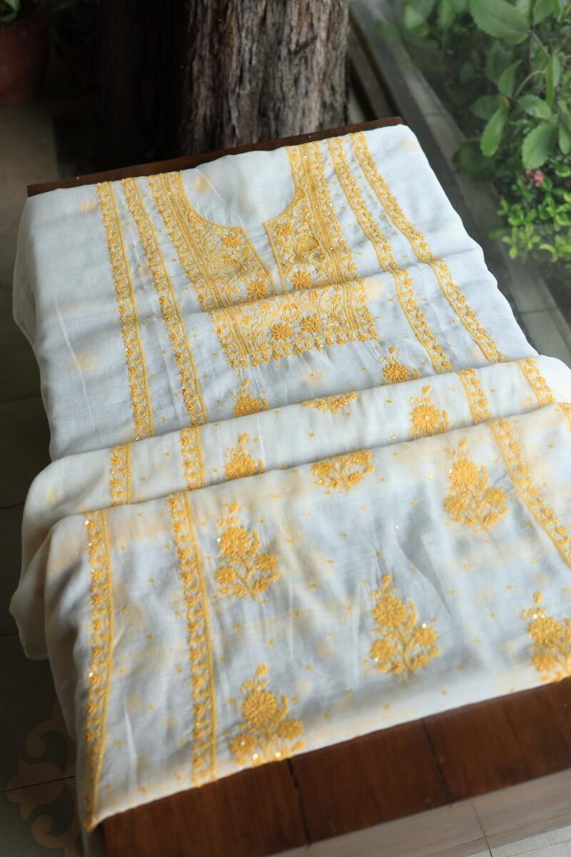 White & Yellow Mal Chanderi Silk Chikankari With Sequins Unstitched Kurta Dupatta Set