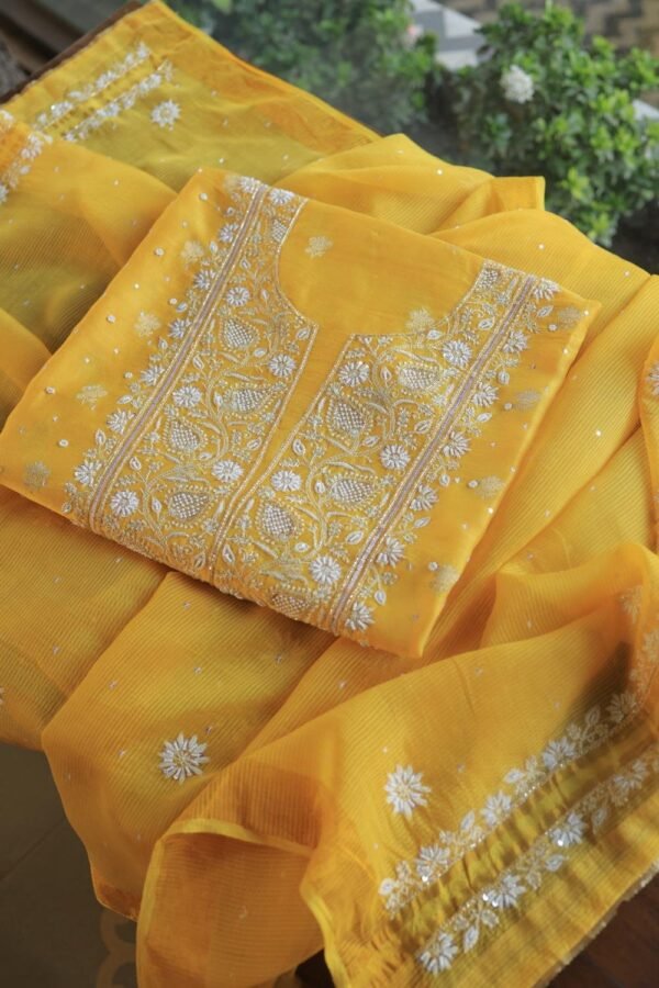 Yellow Banarasi Zari Chanderi Unstitched Chikankari Fabrics - Image 6