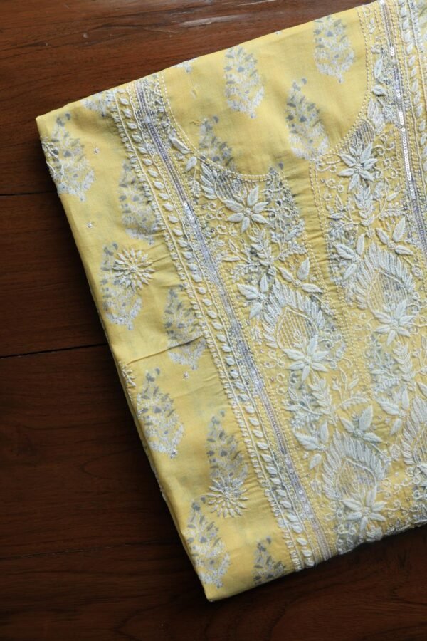 Yellow Cotton Chikankari Unstitched Kurta Fabrics - Image 4