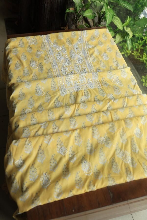 Yellow Cotton Chikankari Unstitched Kurta Fabrics - Image 10