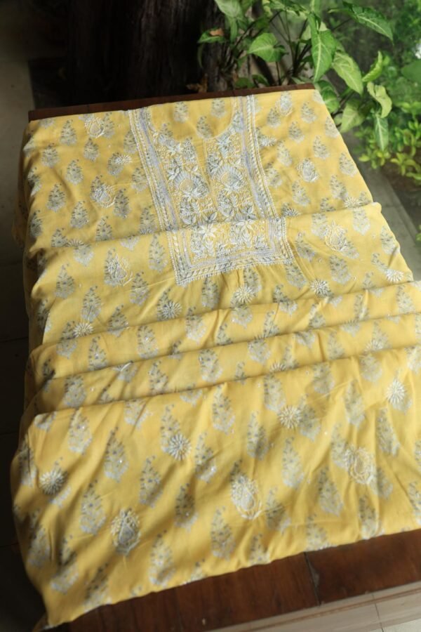 Yellow Cotton Chikankari Unstitched Kurta Fabrics - Image 9