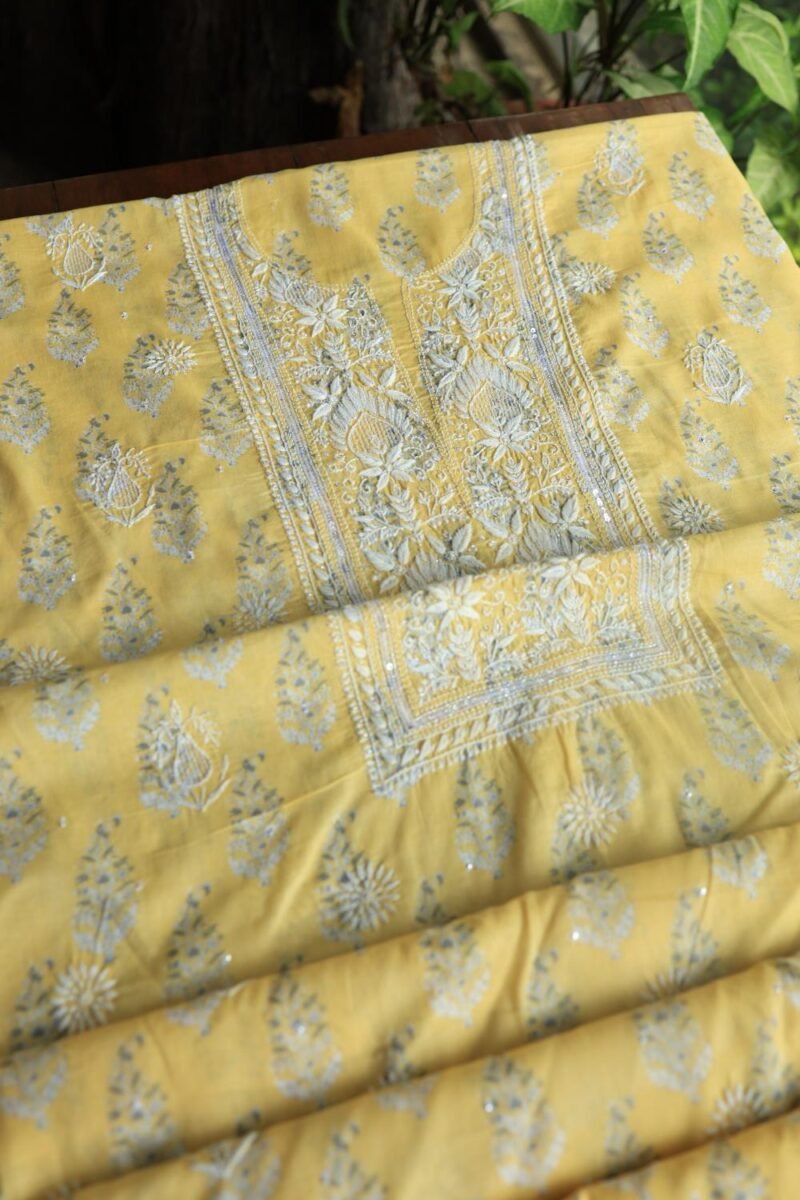 Yellow Cotton Chikankari Unstitched Kurta Fabrics