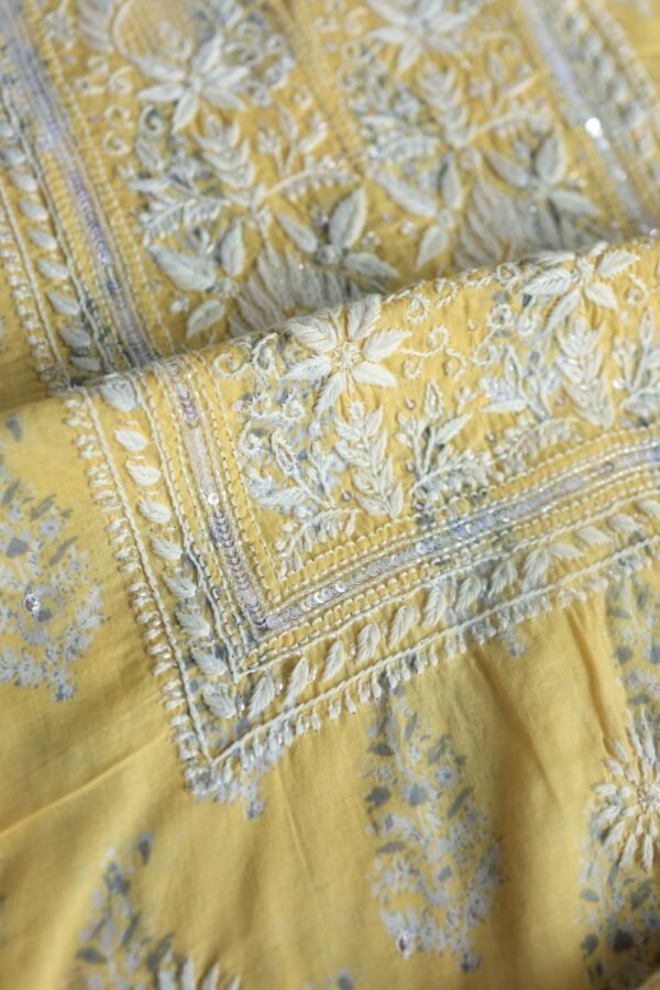 Yellow Cotton Chikankari Unstitched Kurta Fabrics - Image 7