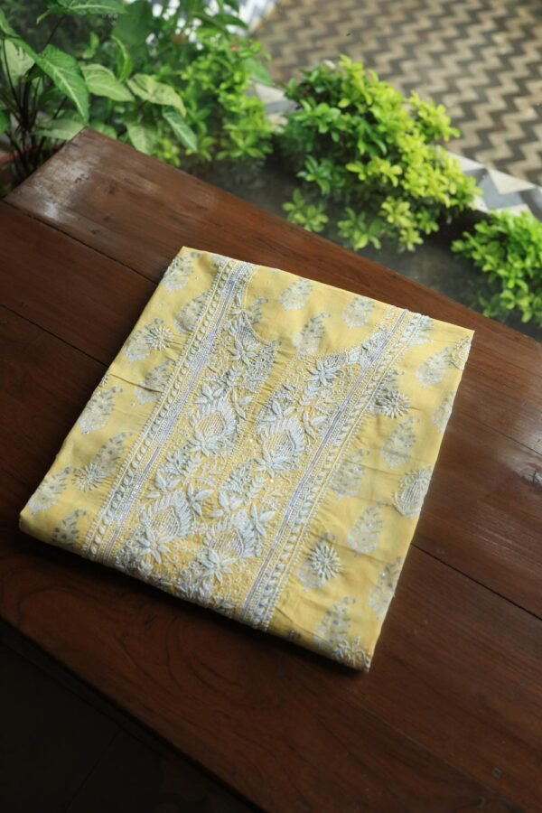 Yellow Cotton Chikankari Unstitched Kurta Fabrics - Image 5