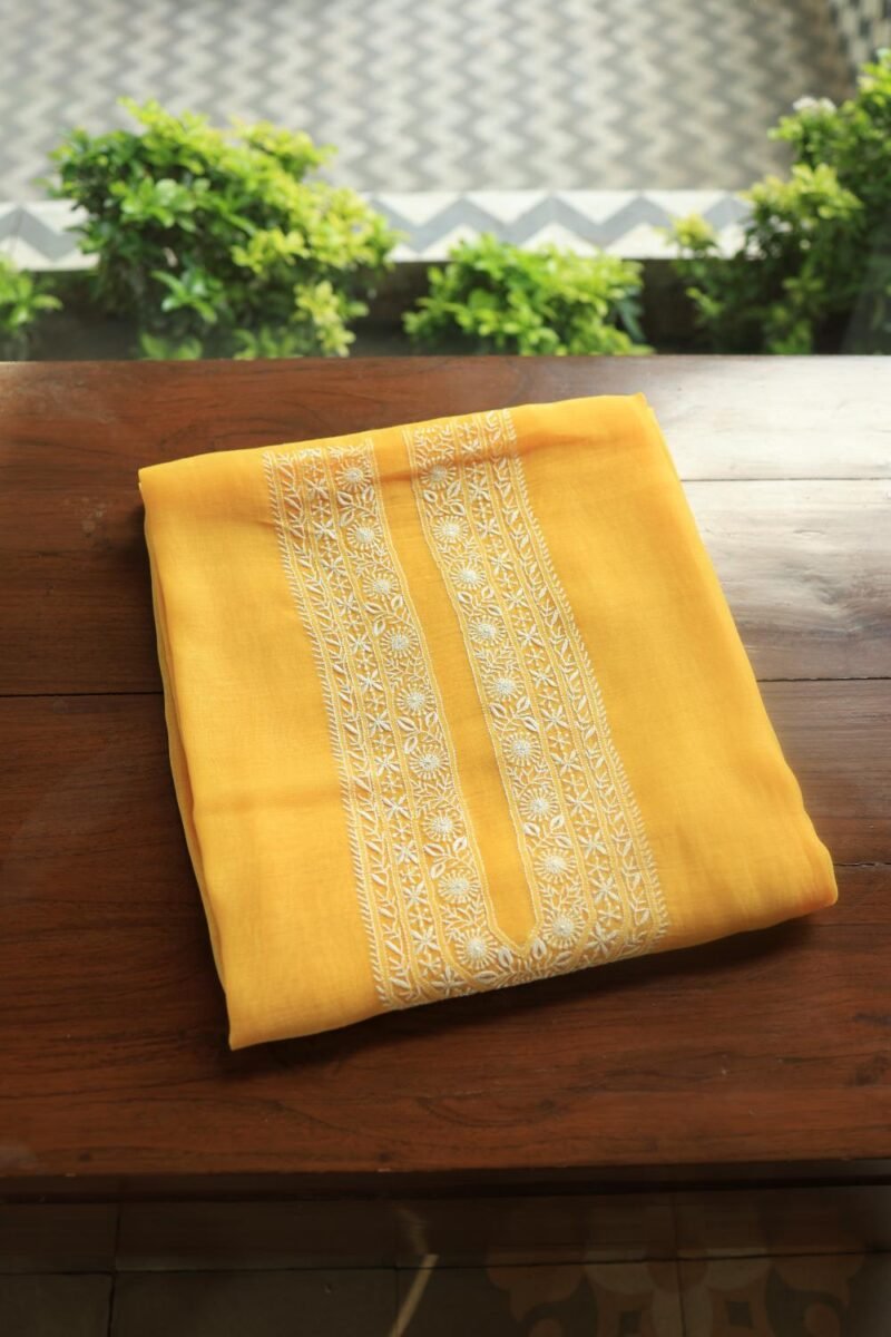 Yellow Malmal Chikankari Unstitched Men's Kurtas Fabrics
