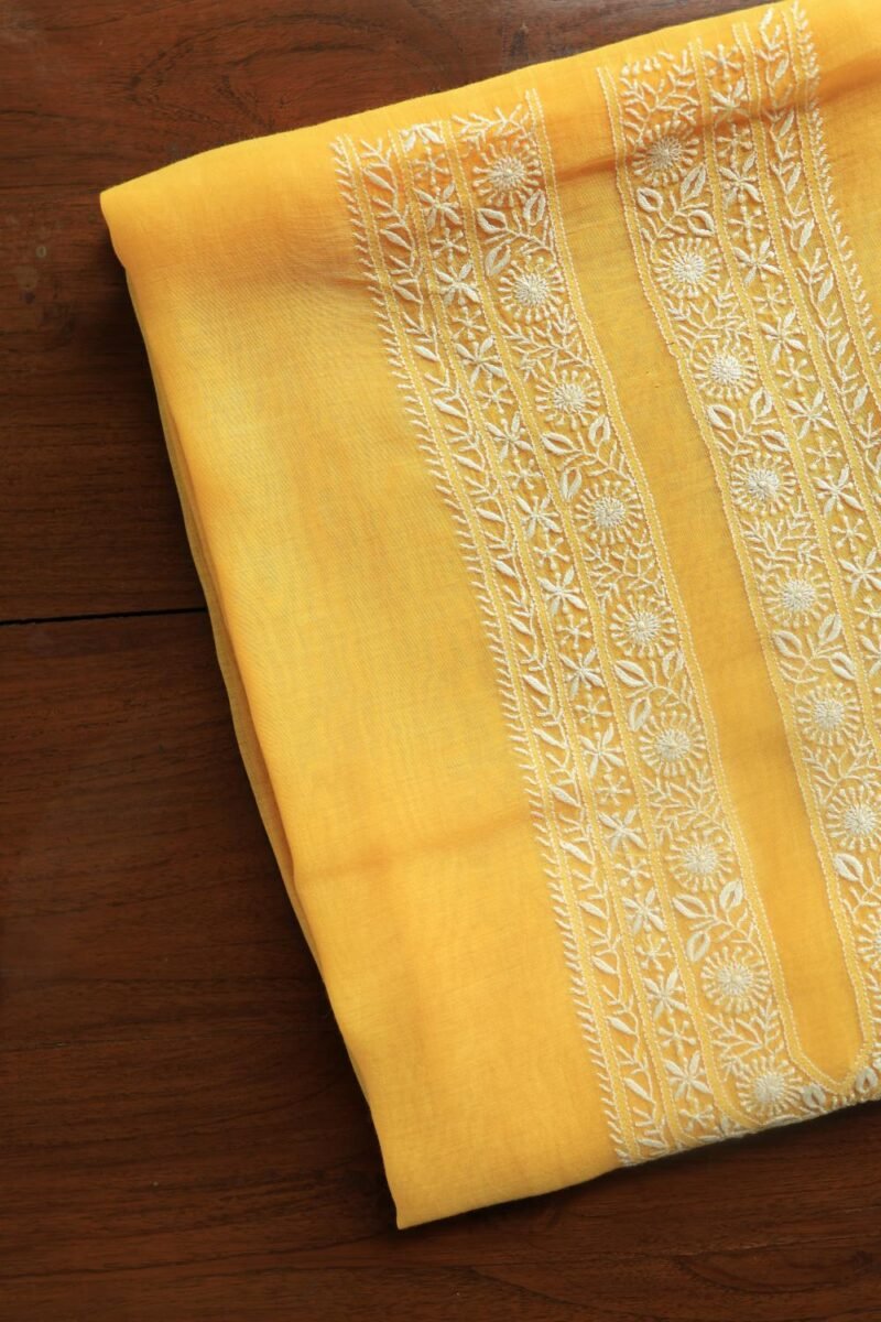 Yellow Malmal Chikankari Unstitched Men's Kurtas Fabrics