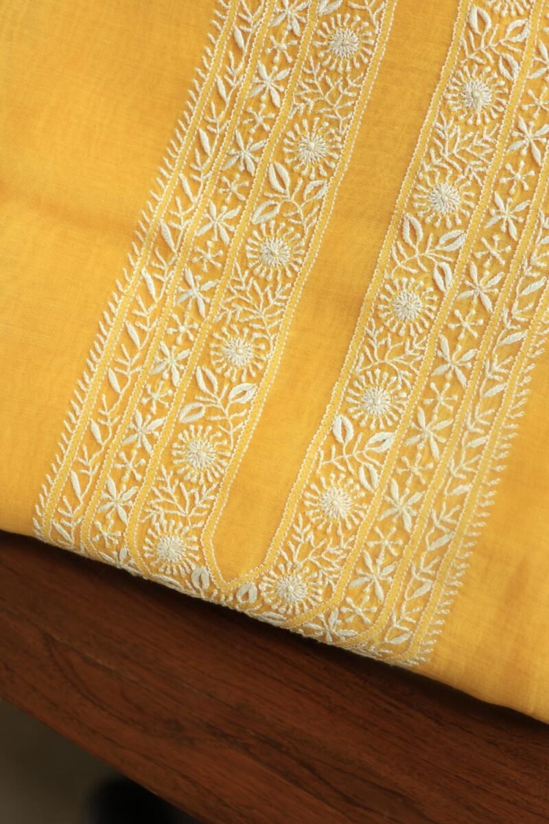 Yellow Malmal Chikankari Unstitched Men's Kurtas Fabrics