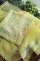 Yellow Noor Organza Silk Chikankari With Mukaish Kamdani Fabric