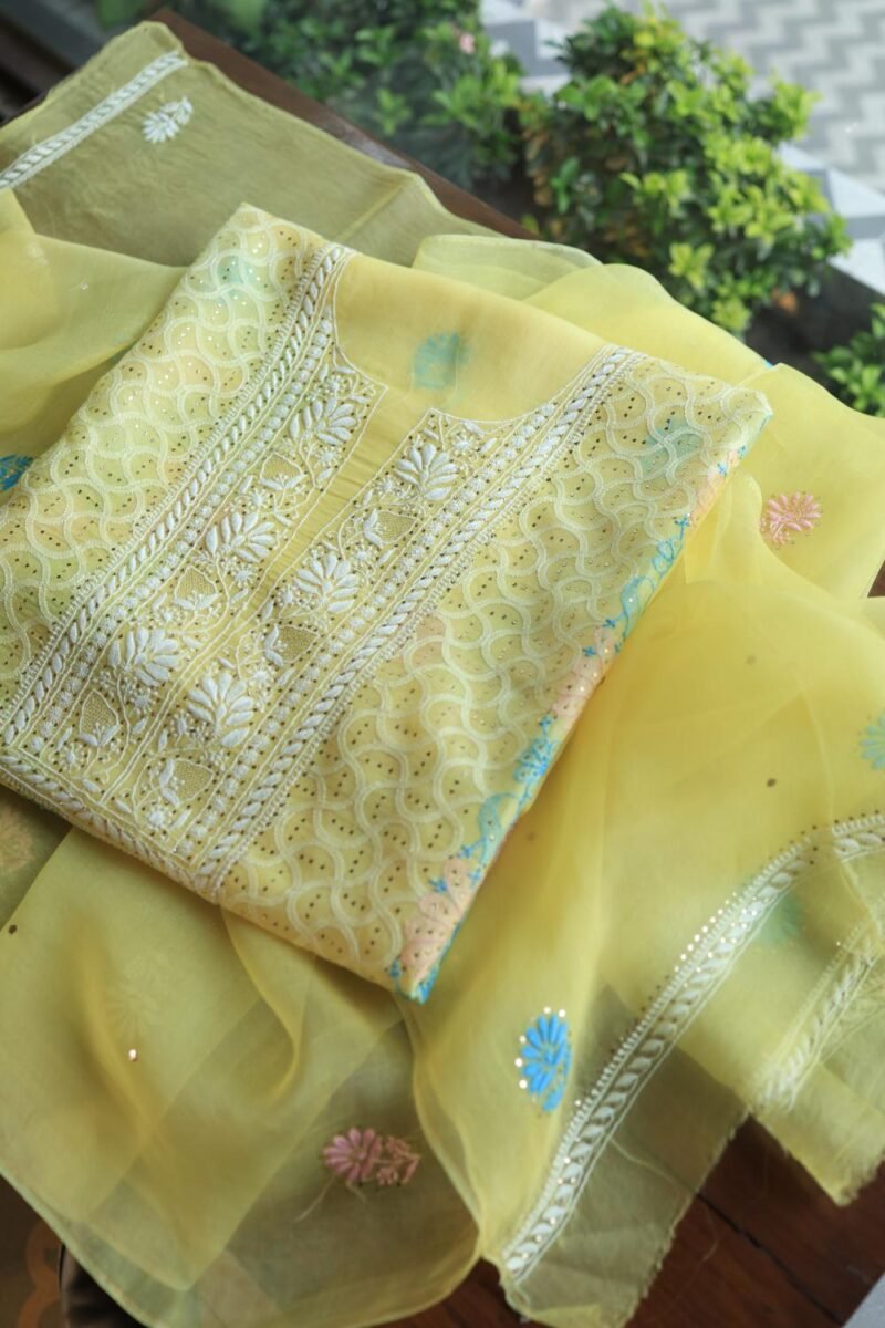 Yellow Noor Organza Silk Chikankari With Mukaish Kamdani Fabric