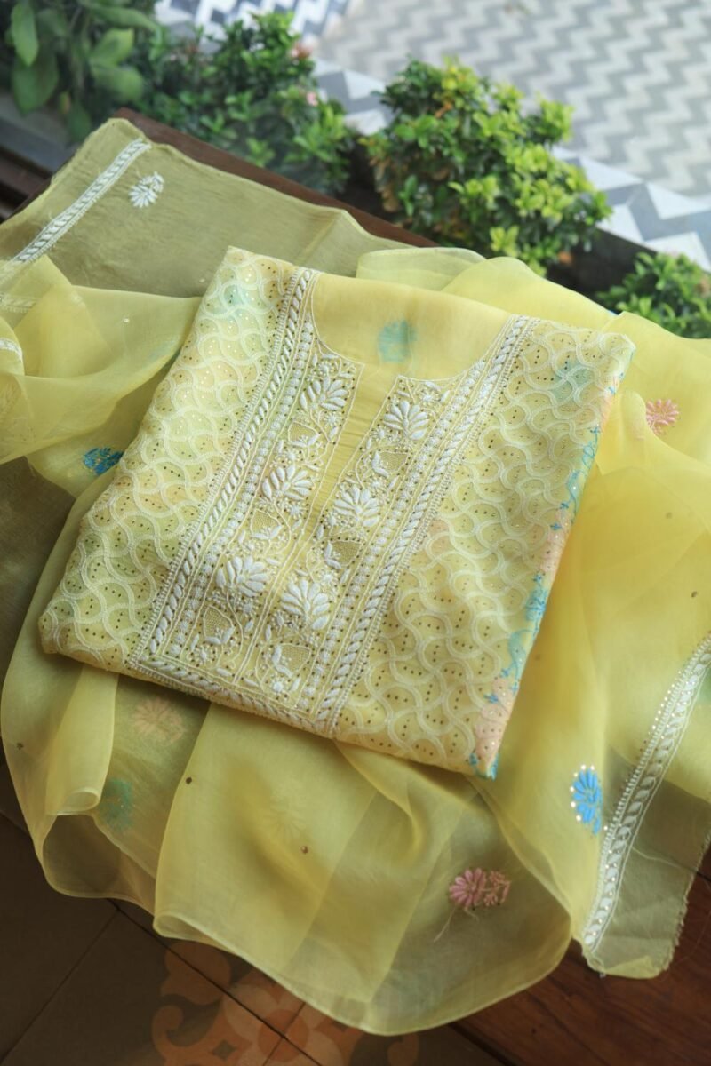 Yellow Noor Organza Silk Chikankari With Mukaish Kamdani Fabric