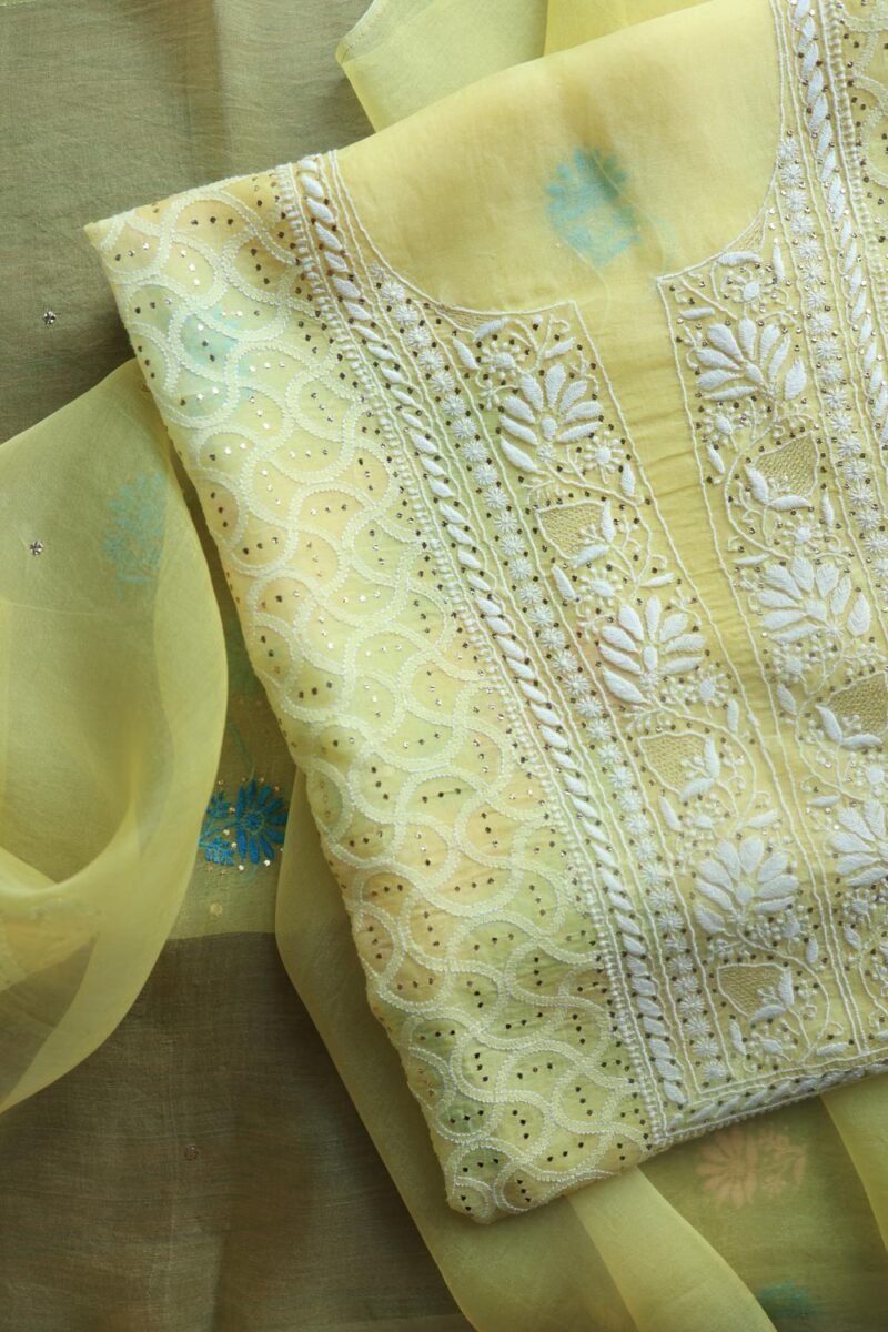 Yellow Noor Organza Silk Chikankari With Mukaish Kamdani Fabric