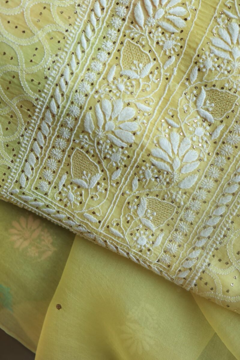 Yellow Noor Organza Silk Chikankari With Mukaish Kamdani Fabric