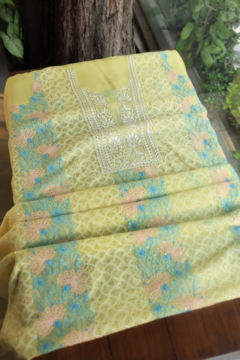 Yellow Noor Organza Silk Chikankari With Mukaish Kamdani Fabric
