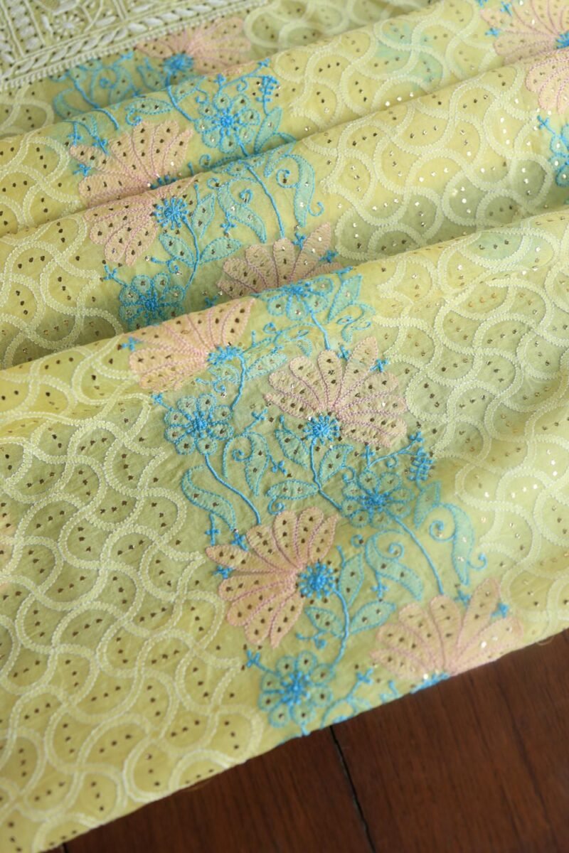 Yellow Noor Organza Silk Chikankari With Mukaish Kamdani Fabric