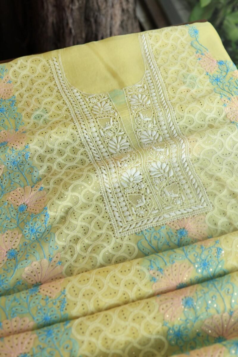 Yellow Noor Organza Silk Chikankari With Mukaish Kamdani Fabric