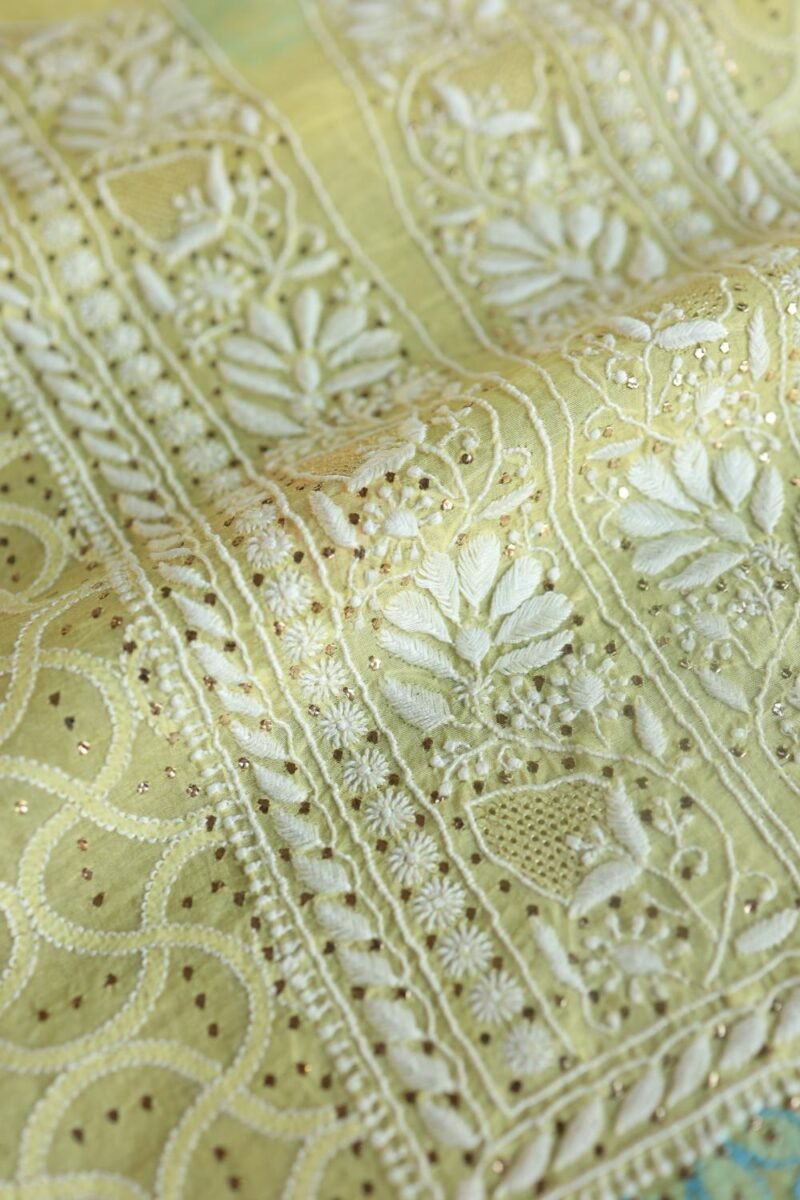 Yellow Noor Organza Silk Chikankari With Mukaish Kamdani Fabric