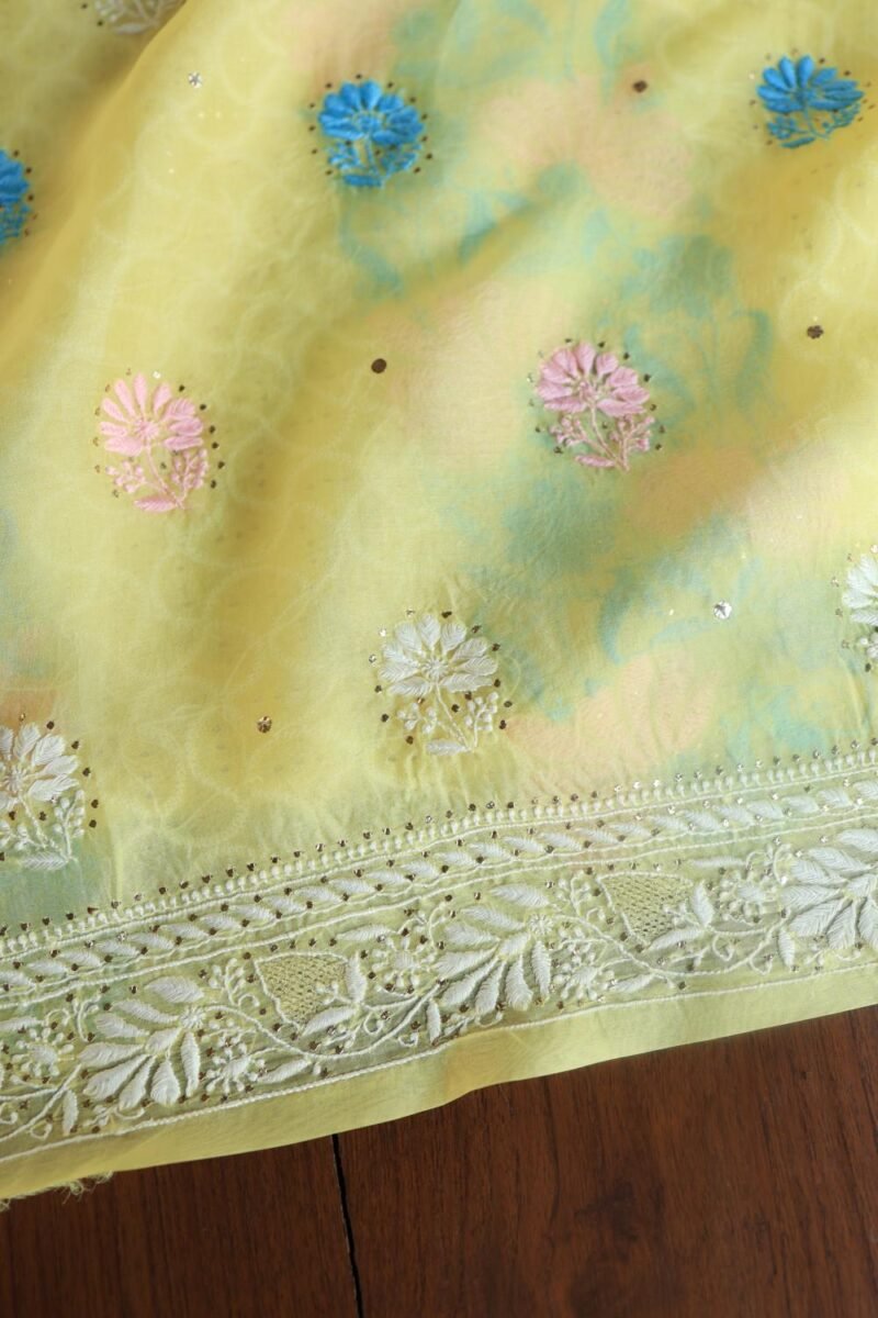 Yellow Noor Organza Silk Chikankari With Mukaish Kamdani Fabric