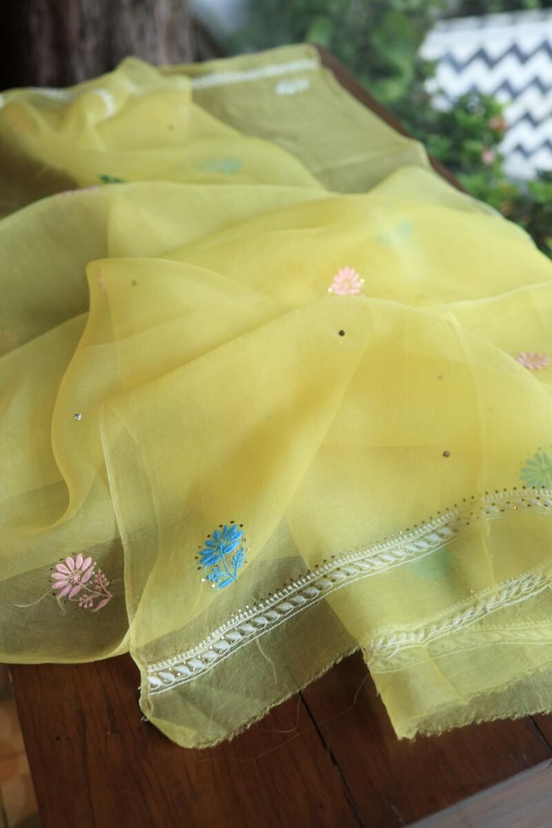 Yellow Noor Organza Silk Chikankari With Mukaish Kamdani Fabric