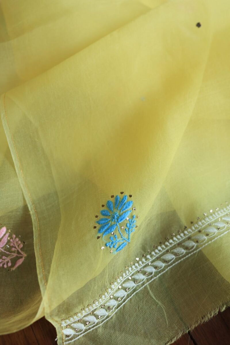 Yellow Noor Organza Silk Chikankari With Mukaish Kamdani Fabric