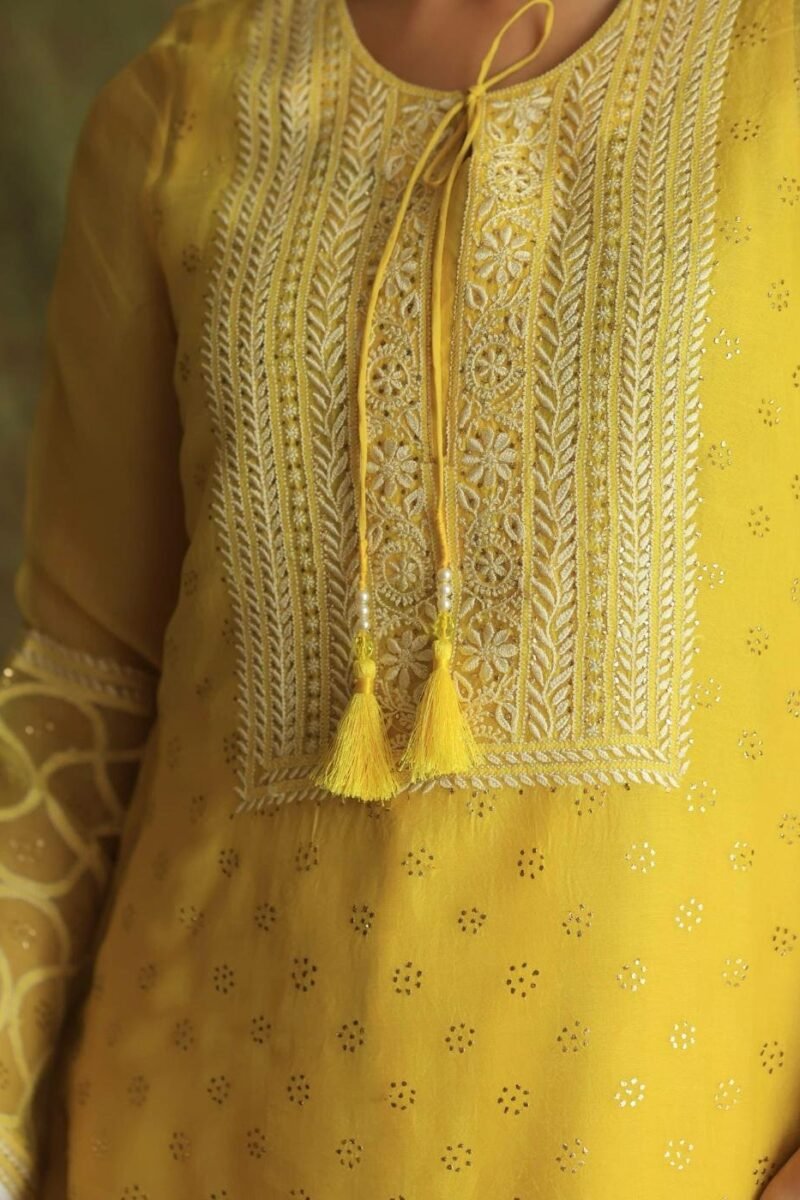 Yellow Mukaish Kamdani Noor Organza Chikankari Kurta Set