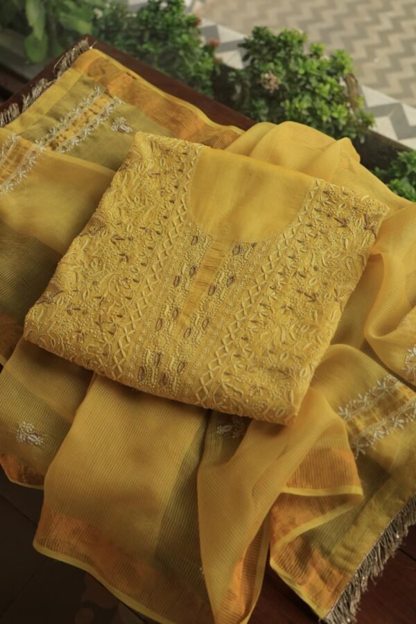 Yellow Paper Tussar Resham Chikankari Unstitched Kurta Dupatta Set - Image 3