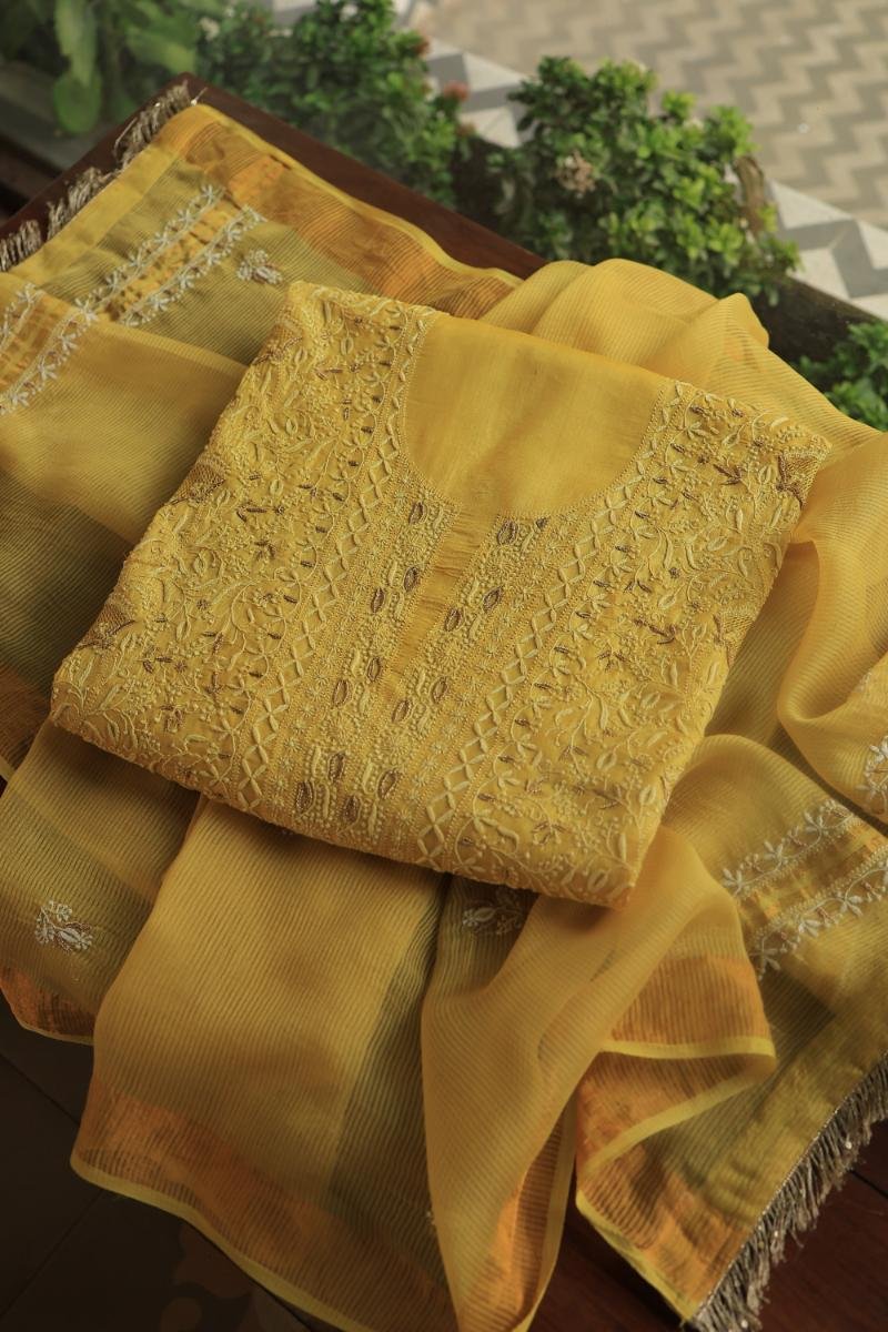 Yellow Paper Tussar Resham Chikankari Unstitched Kurta Dupatta Set