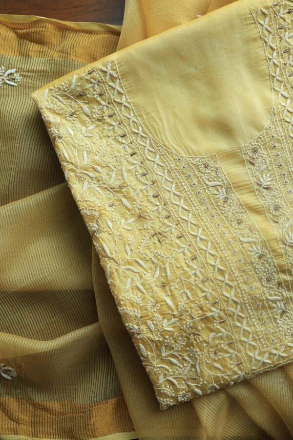 Yellow Paper Tussar Resham Chikankari Unstitched Kurta Dupatta Set - Image 3