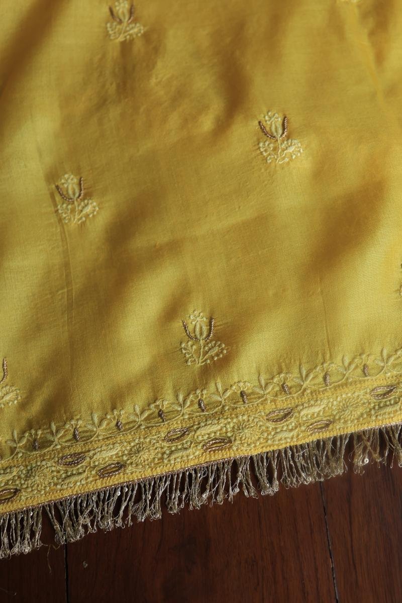 Yellow Paper Tussar Resham Chikankari Unstitched Kurta Dupatta Set