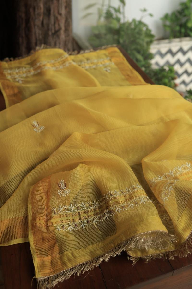 Yellow Paper Tussar Resham Chikankari Unstitched Kurta Dupatta Set