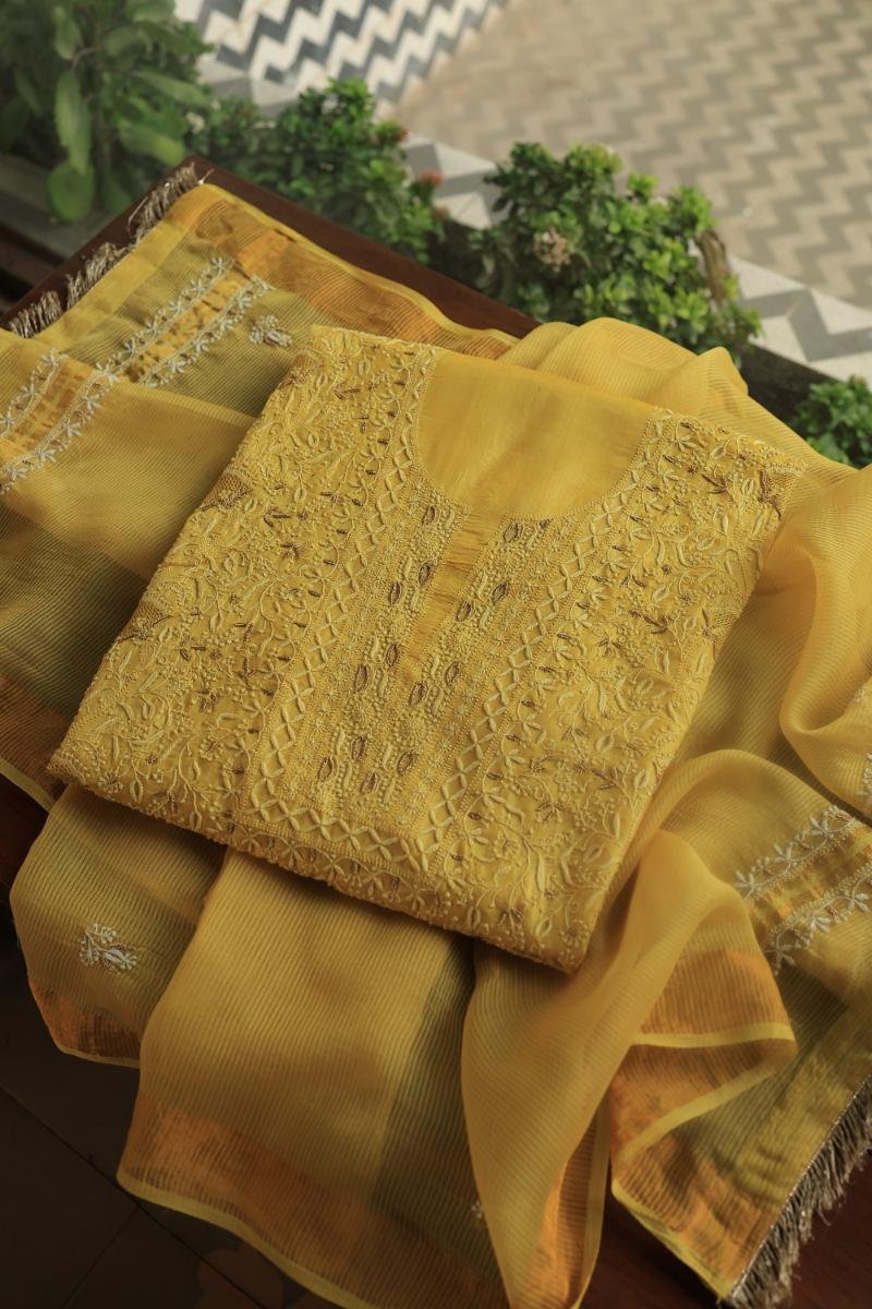 Yellow Paper Tussar Resham Chikankari Unstitched Kurta Dupatta Set