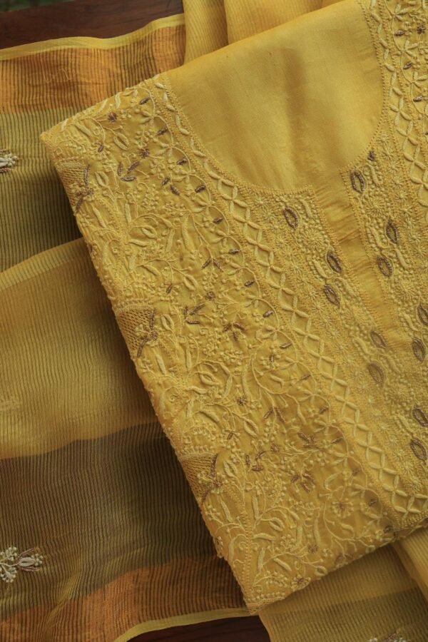 Yellow Paper Tussar Resham Chikankari Unstitched Kurta Dupatta Set - Image 14