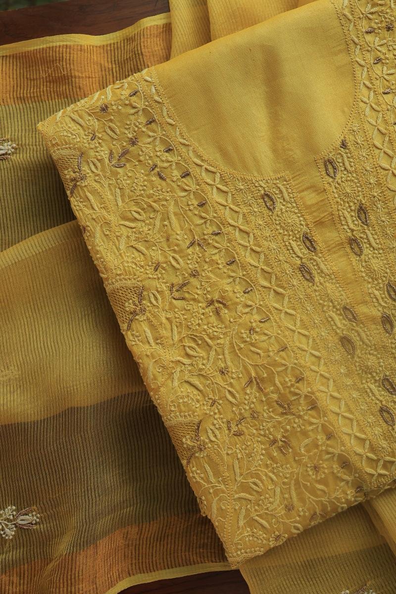 Yellow Paper Tussar Resham Chikankari Unstitched Kurta Dupatta Set