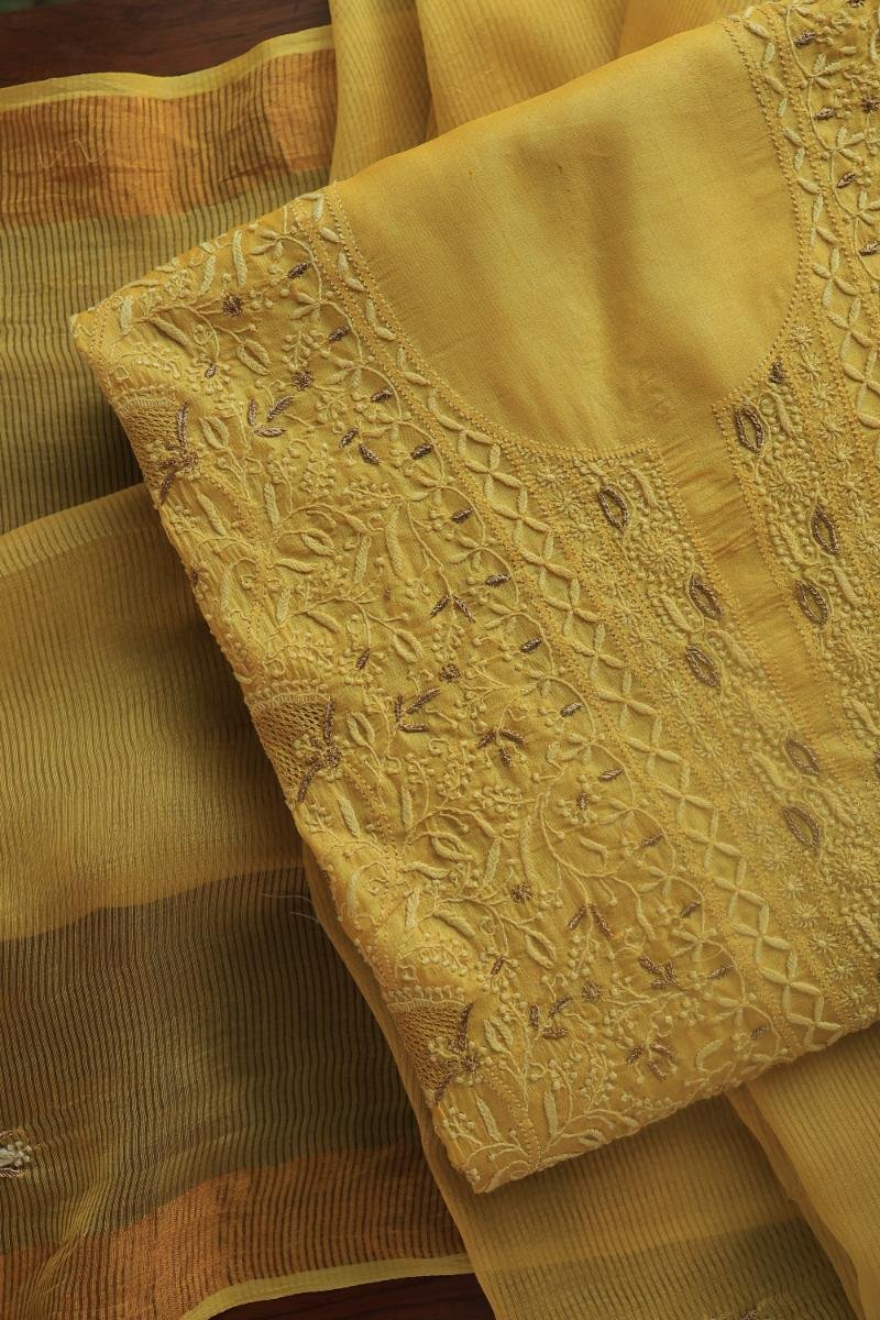 Yellow Paper Tussar Resham Chikankari Unstitched Kurta Dupatta Set