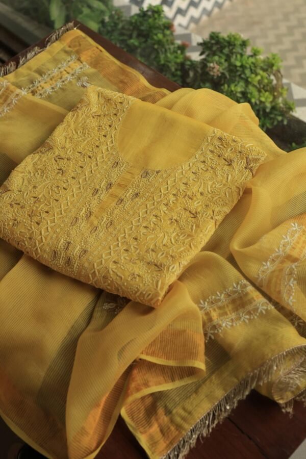 Yellow Paper Tussar Resham Chikankari Unstitched Kurta Dupatta Set - Image 5