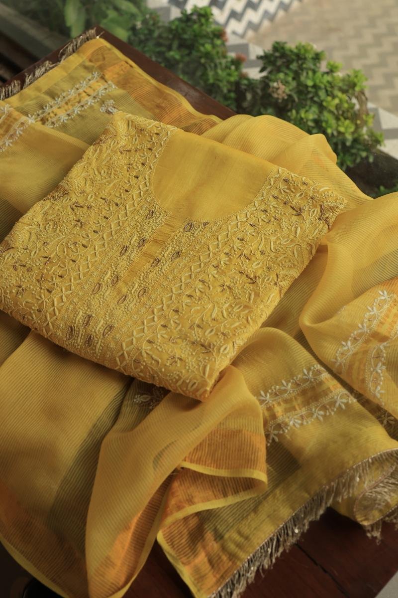 Yellow Paper Tussar Resham Chikankari Unstitched Kurta Dupatta Set