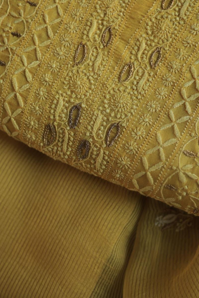 Yellow Paper Tussar Resham Chikankari Unstitched Kurta Dupatta Set