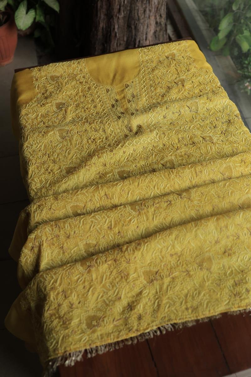 Yellow Paper Tussar Resham Chikankari Unstitched Kurta Dupatta Set