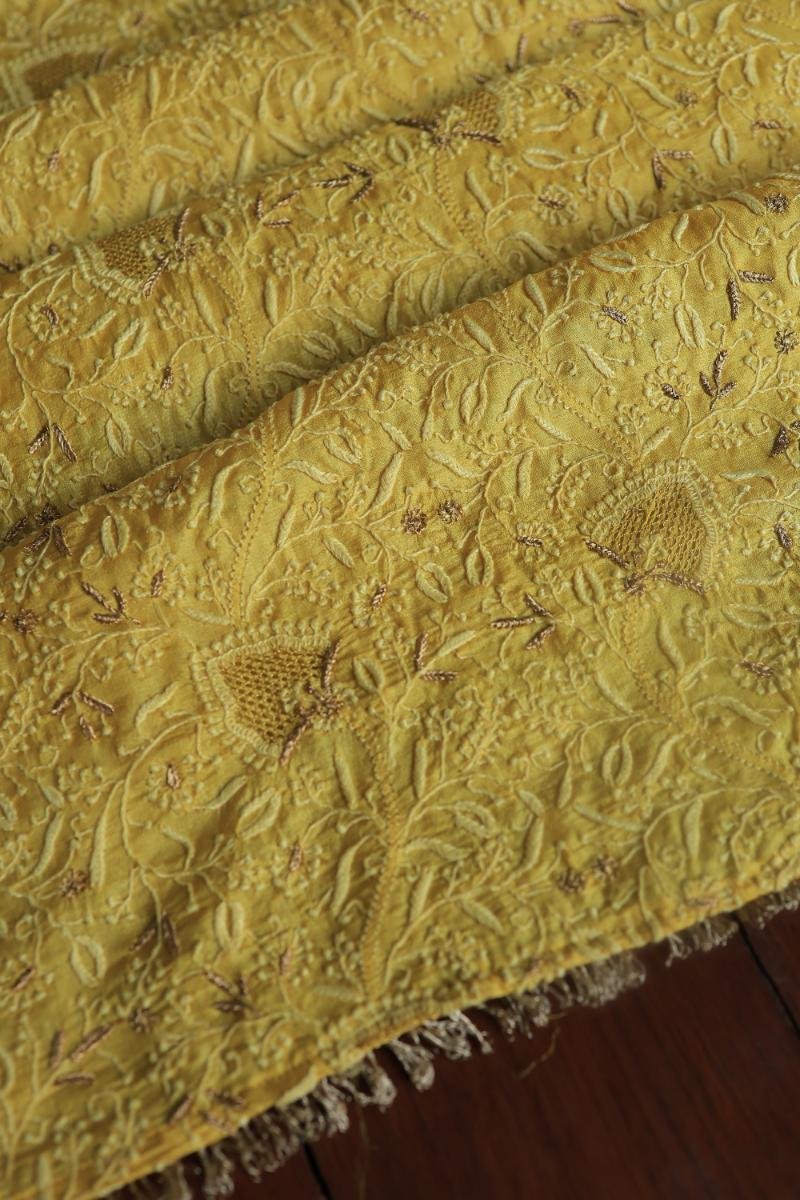 Yellow Paper Tussar Resham Chikankari Unstitched Kurta Dupatta Set