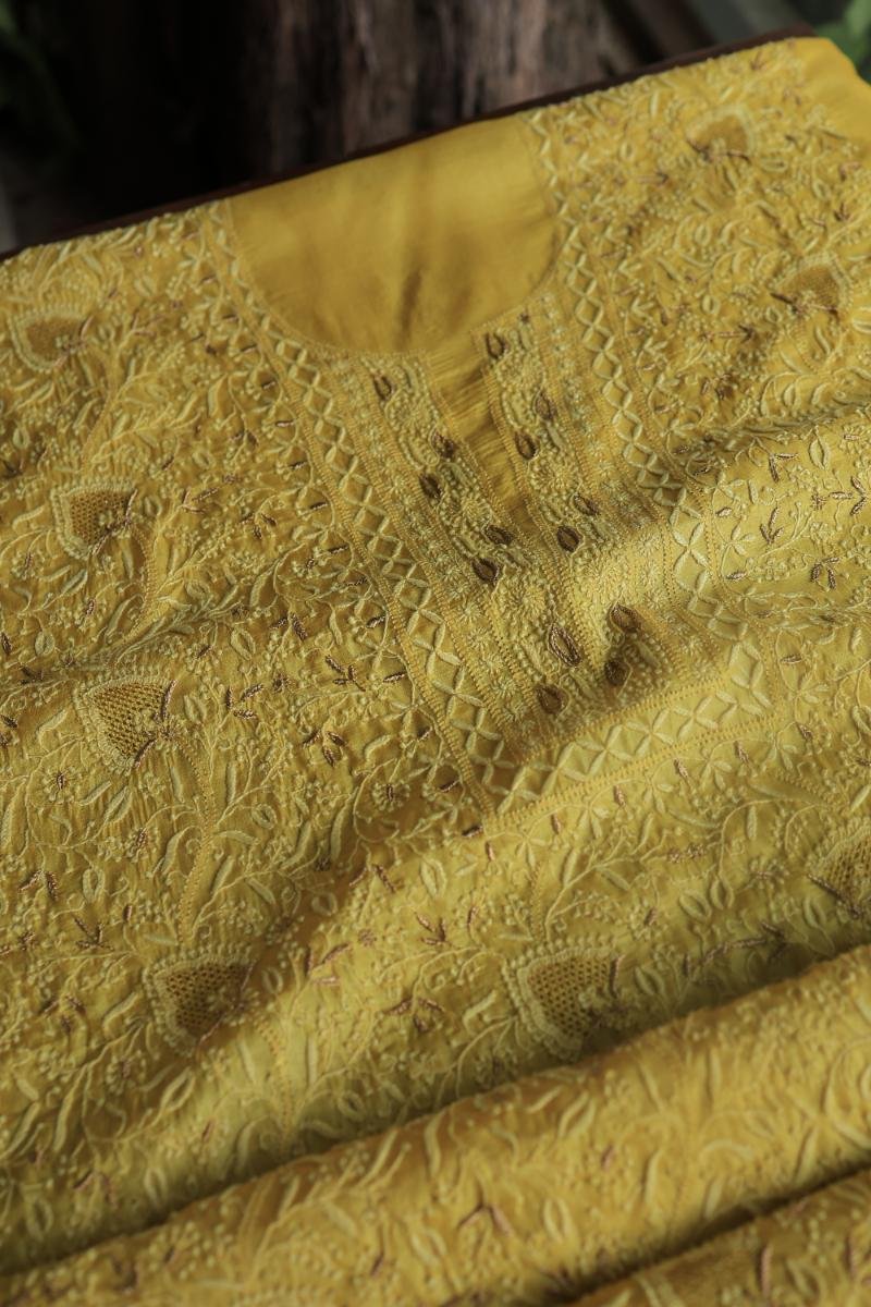 Yellow Paper Tussar Resham Chikankari Unstitched Kurta Dupatta Set