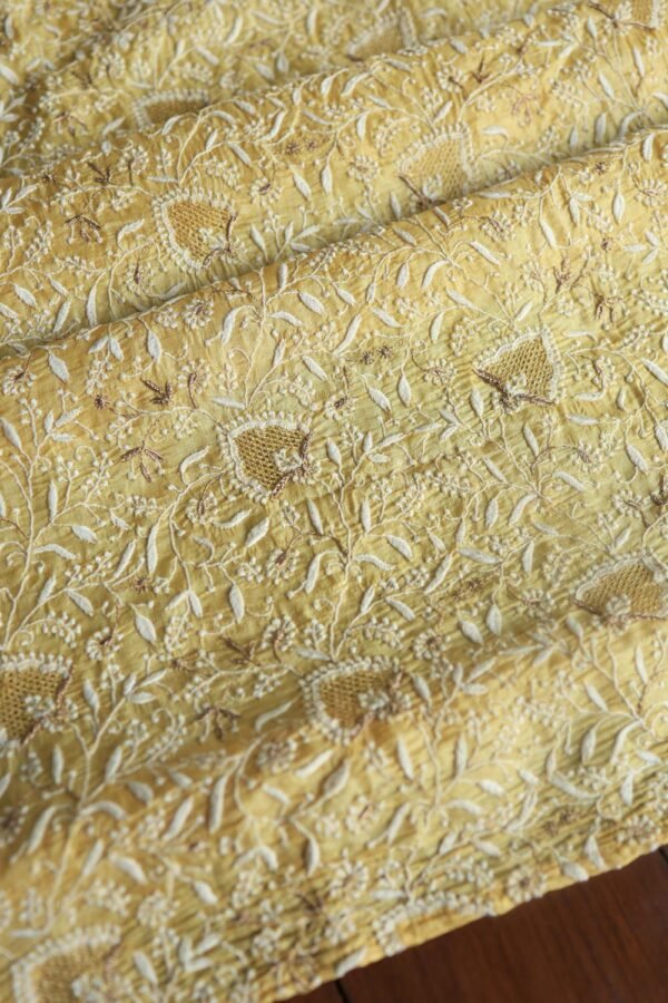 Yellow Paper Tussar Resham Chikankari Unstitched Kurta Dupatta Set - Image 8
