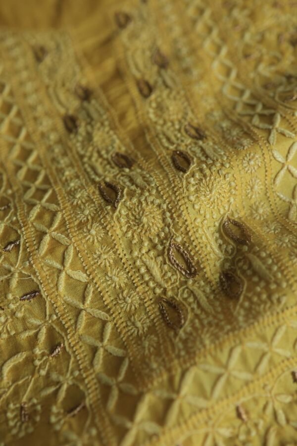 Yellow Paper Tussar Resham Chikankari Unstitched Kurta Dupatta Set - Image 9