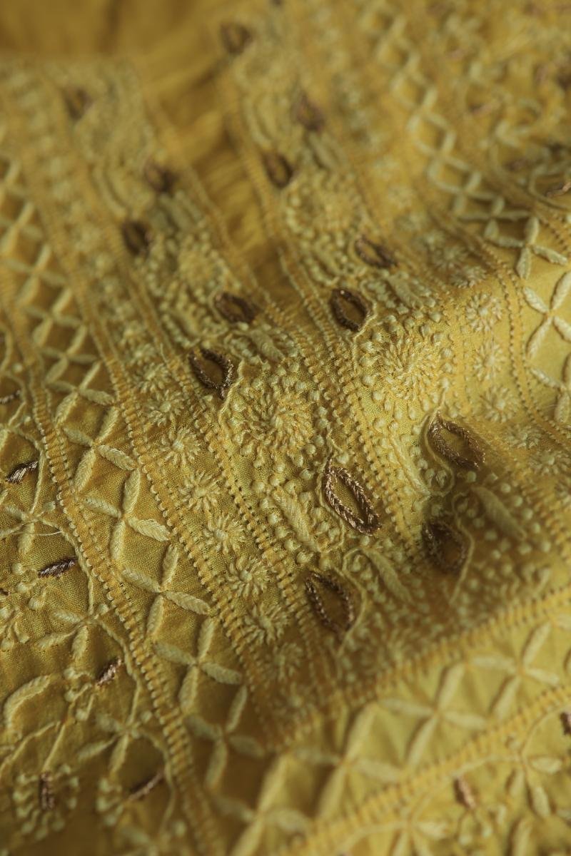 Yellow Paper Tussar Resham Chikankari Unstitched Kurta Dupatta Set