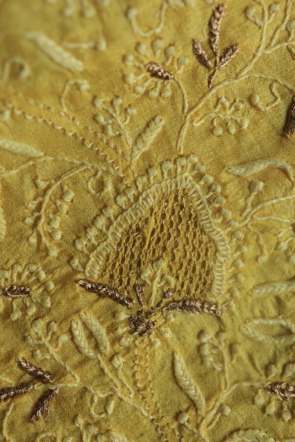 Yellow Paper Tussar Resham Chikankari Unstitched Kurta Dupatta Set - Image 10