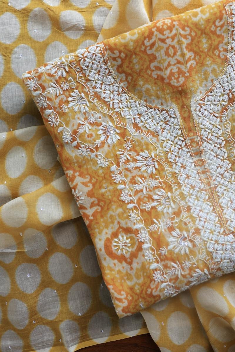 Yellow & White Soft Cotton Printed Unstitched Kurta Dupatta Set with Chikankari & Sequin Work