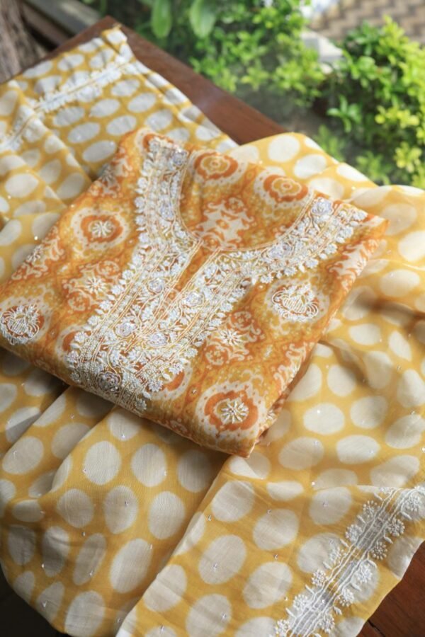 Yellow & White Soft Cotton Printed Unstitched Kurta Dupatta Set with Chikankari & Sequin Work