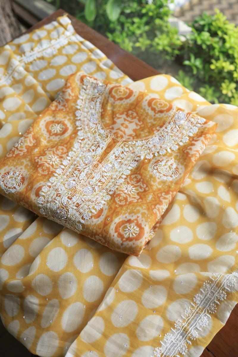 Yellow & White Soft Cotton Printed Unstitched Kurta Dupatta Set with Chikankari & Sequin Work
