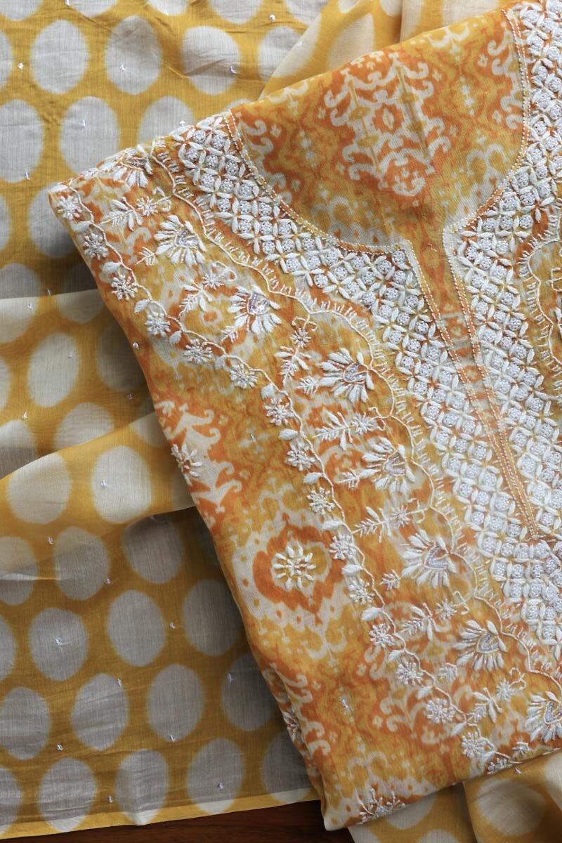 Yellow & White Soft Cotton Printed Unstitched Kurta Dupatta Set with Chikankari & Sequin Work