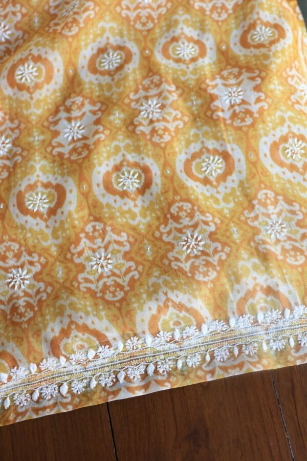 Yellow & White Soft Cotton Printed Unstitched Kurta Dupatta Set with Chikankari & Sequin Work - Image 5