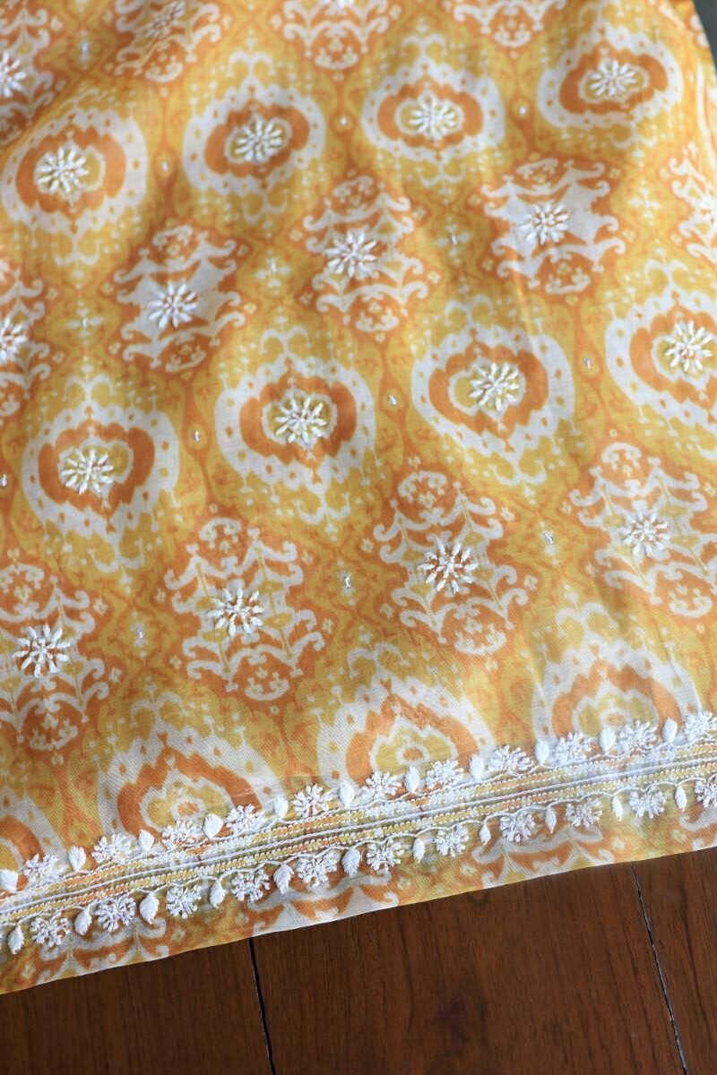 Yellow & White Soft Cotton Printed Unstitched Kurta Dupatta Set with Chikankari & Sequin Work