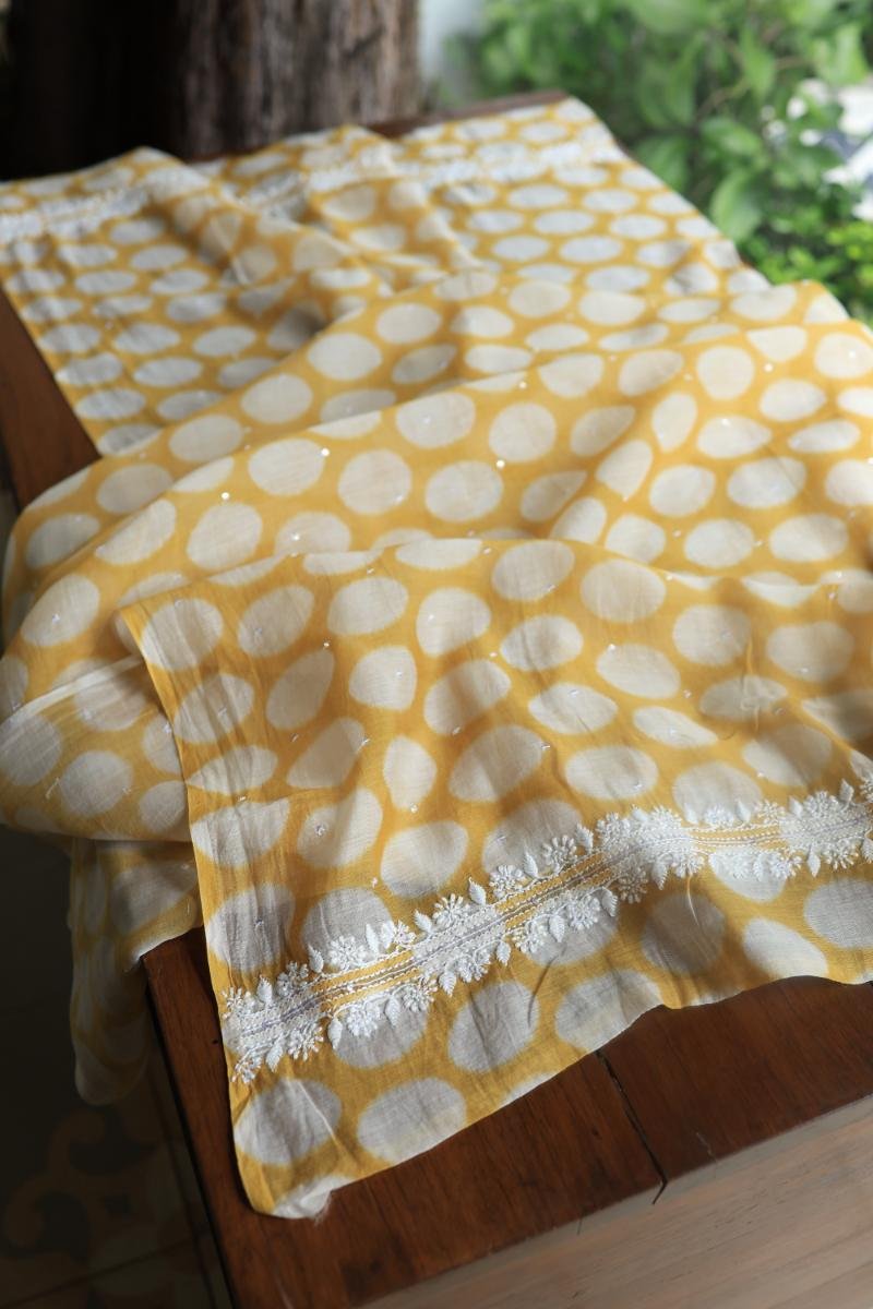 Yellow & White Soft Cotton Printed Unstitched Kurta Dupatta Set with Chikankari & Sequin Work